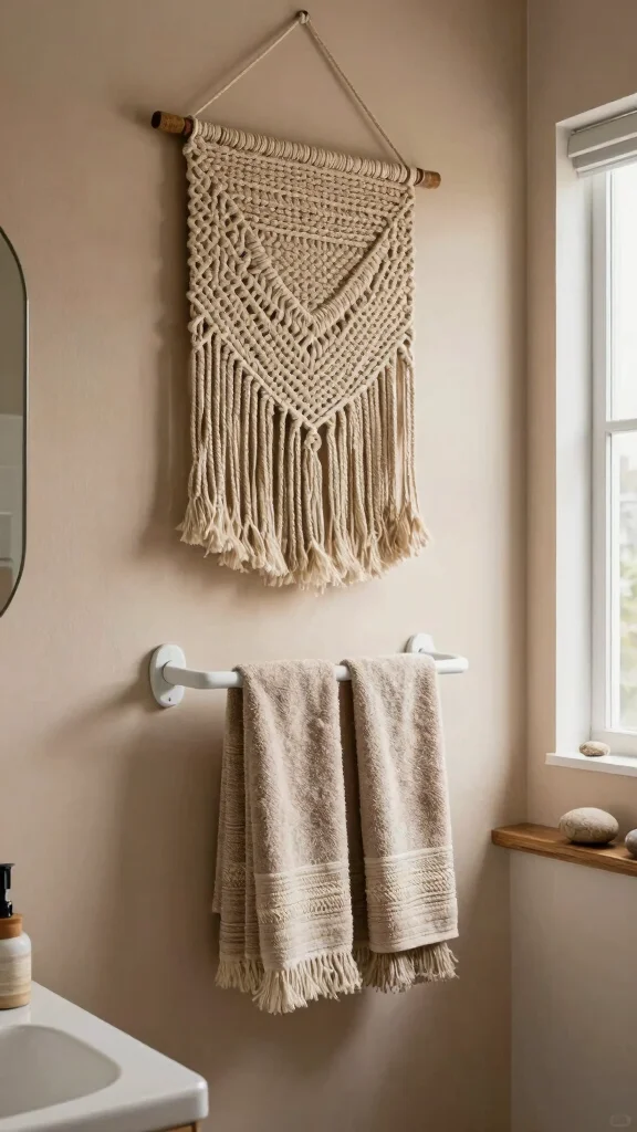 11 3-Piece Bathroom Wall Decor Ideas for a Cohesive Finished Look - 2. Textured Woven Wall Hangings 1