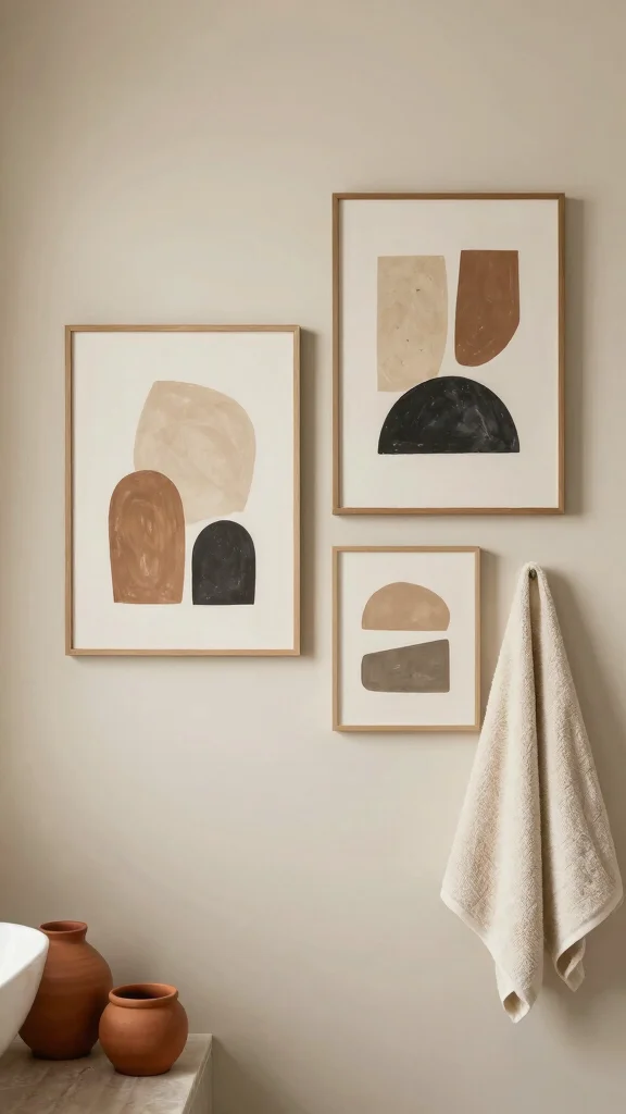 11 3-Piece Bathroom Wall Decor Ideas for a Cohesive Finished Look - 4. Earthy Tones with Geometric Shapes 1