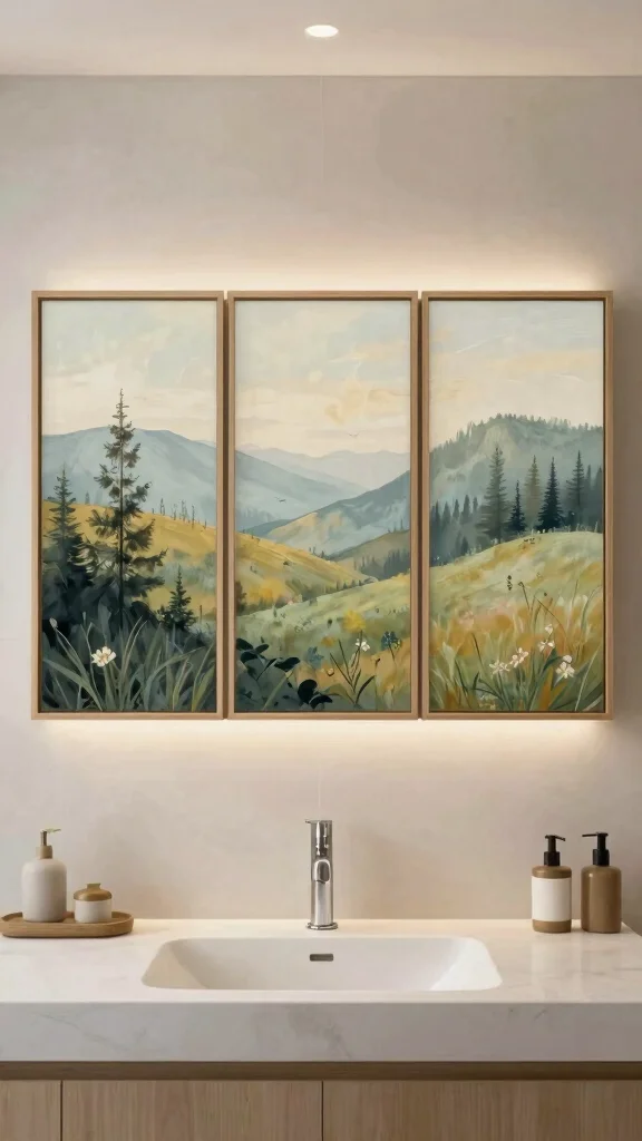 11 3-Piece Bathroom Wall Decor Ideas for a Cohesive Finished Look - 9. Horizontal Landscape Triptych 1