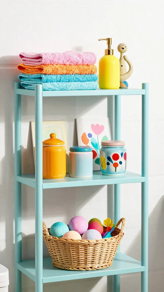11 3-Tier Bathroom Shelf Decor Ideas for Vertical Space-Smart Storage - 8. Colorful and Fun 1