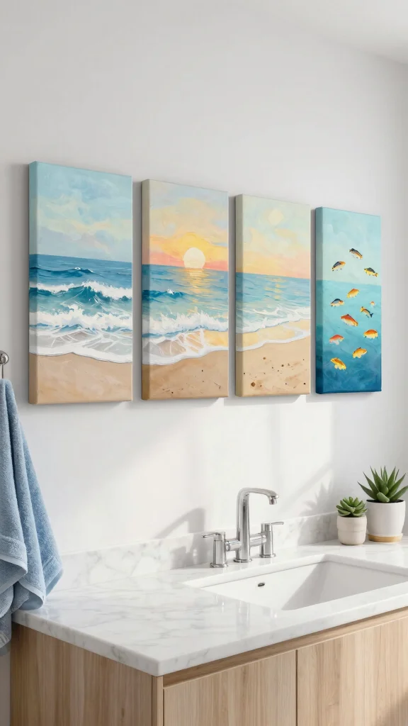 11 4-Canvas Bathroom Wall Art Ideas for a Bold Gallery-Style Display - 1. Serene Seascape Quartet 1