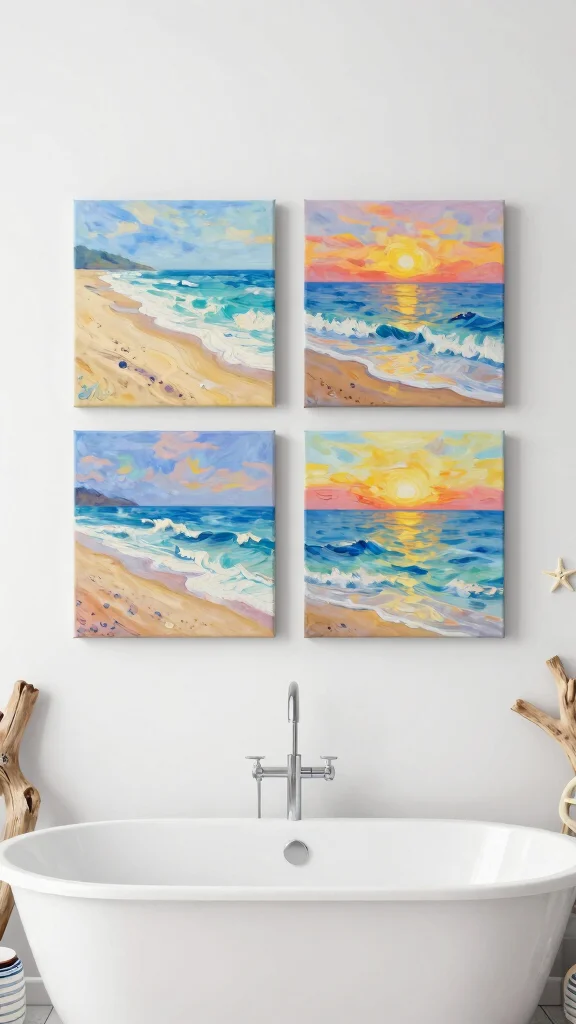11 4-Canvas Bathroom Wall Art Ideas for a Bold Gallery-Style Display - 10. Coastal Impressionism 1