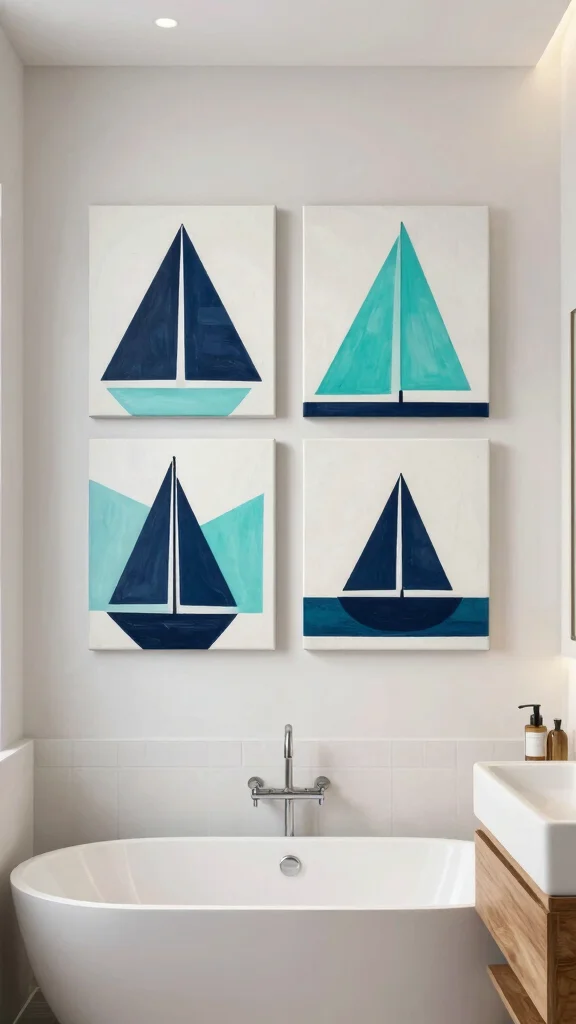 11 4-Canvas Bathroom Wall Art Ideas for a Bold Gallery-Style Display - 2. Nautical Geometry 1
