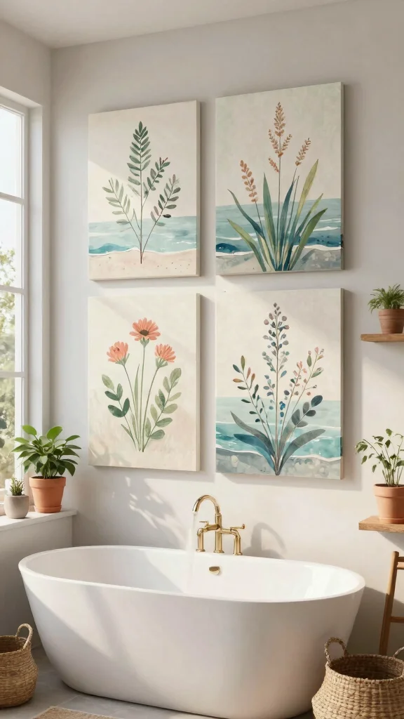 11 4-Canvas Bathroom Wall Art Ideas for a Bold Gallery-Style Display - 3. Coastal Flora Collection 1