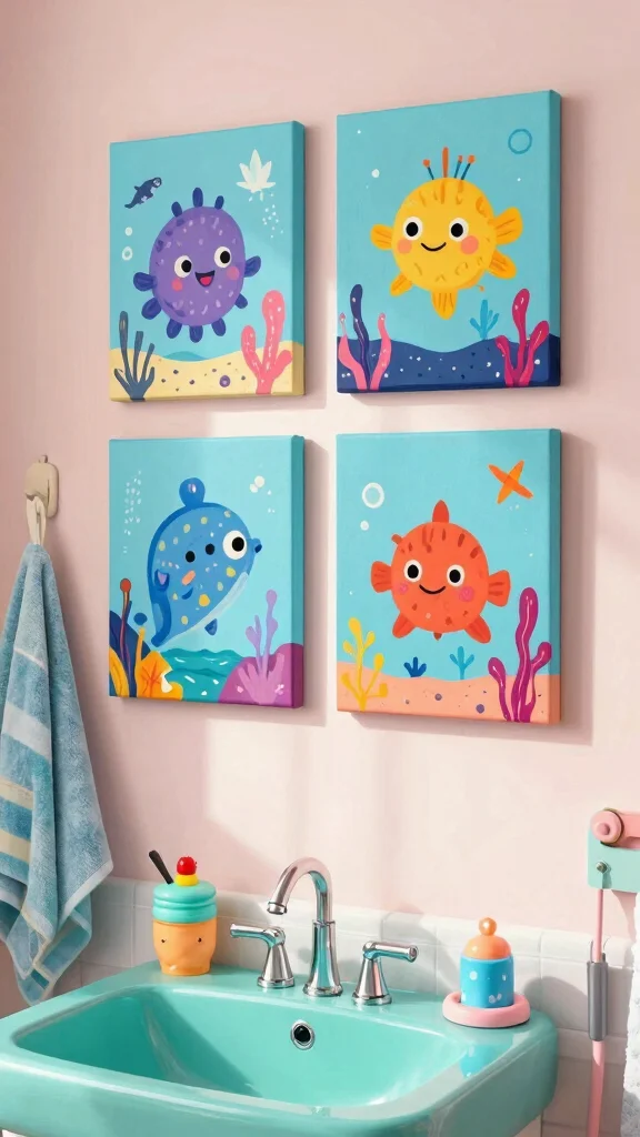 11 4-Canvas Bathroom Wall Art Ideas for a Bold Gallery-Style Display - 5. Whimsical Marine Life 1