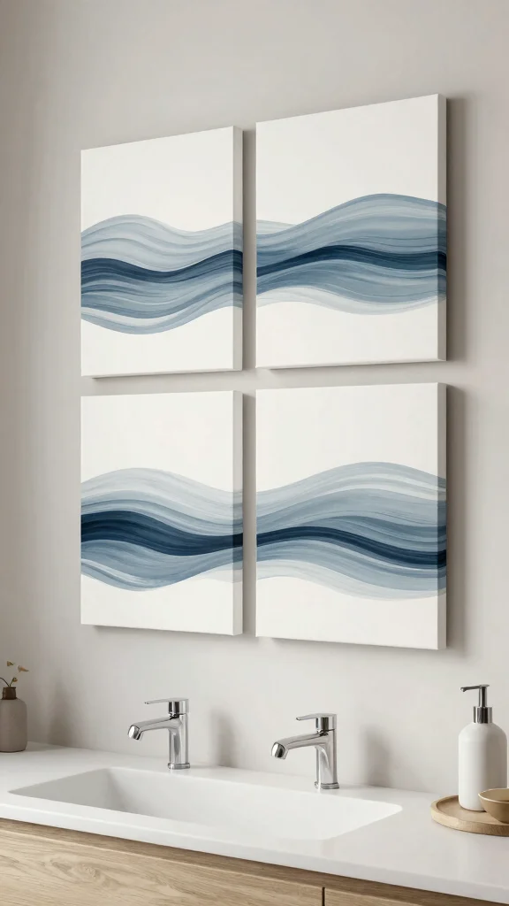 11 4-Canvas Bathroom Wall Art Ideas for a Bold Gallery-Style Display - 6. Minimalist Wave Flow 1
