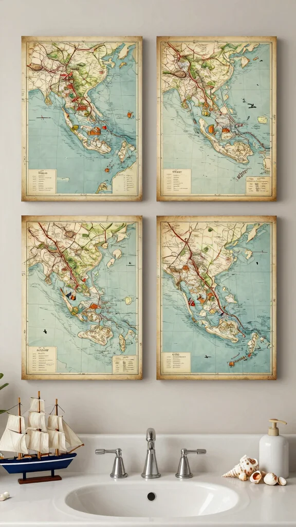11 4-Canvas Bathroom Wall Art Ideas for a Bold Gallery-Style Display - 7. Vintage Coastal Maps 1