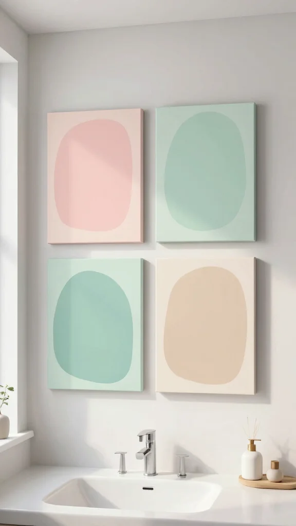 11 4-Canvas Bathroom Wall Art Ideas for a Bold Gallery-Style Display - 8. Soft Color Palette Abstracts 1