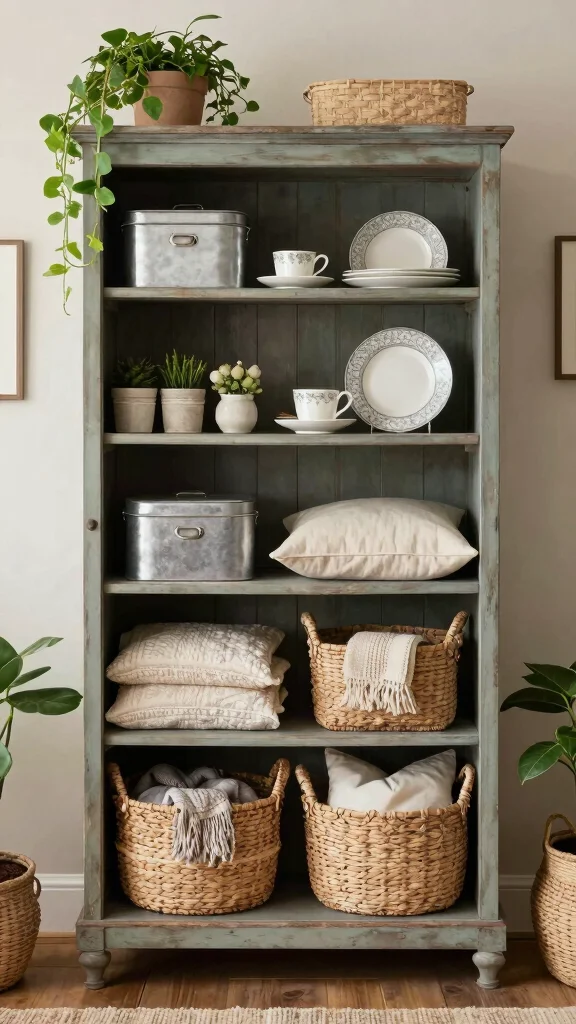 11 Living Room Hutch Decorating Ideas for a Beautiful Organized Display - 2. Utilize Decorative Storage Solutions 1