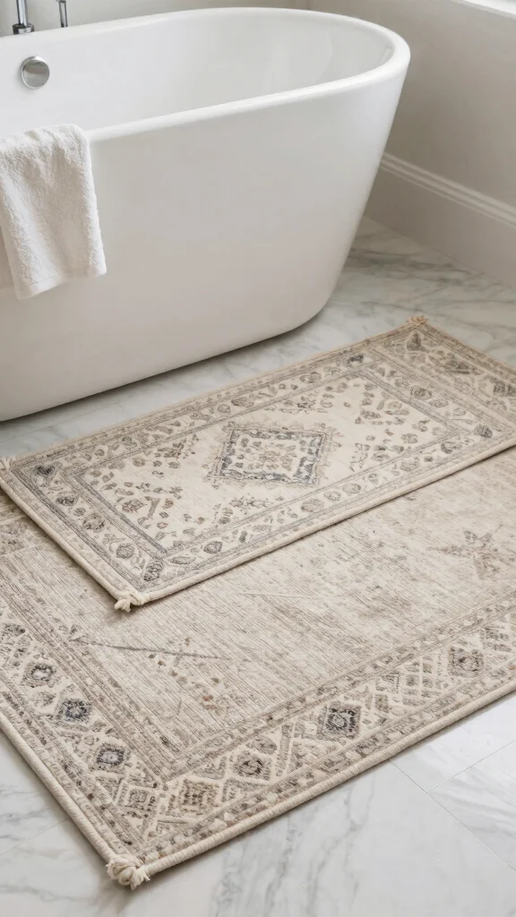 11 Over-the-Tub Bathroom Decor Ideas for a Luxurious Spa-Like Touch - 8. Layer with Chic Rugs 1