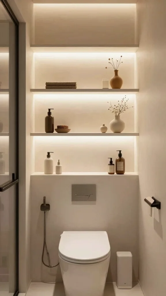 12 Above-the-Toilet Bathroom Decor Ideas for Smart Stylish Storage - 10. Lighted Shelves for a Touch of Glam 1