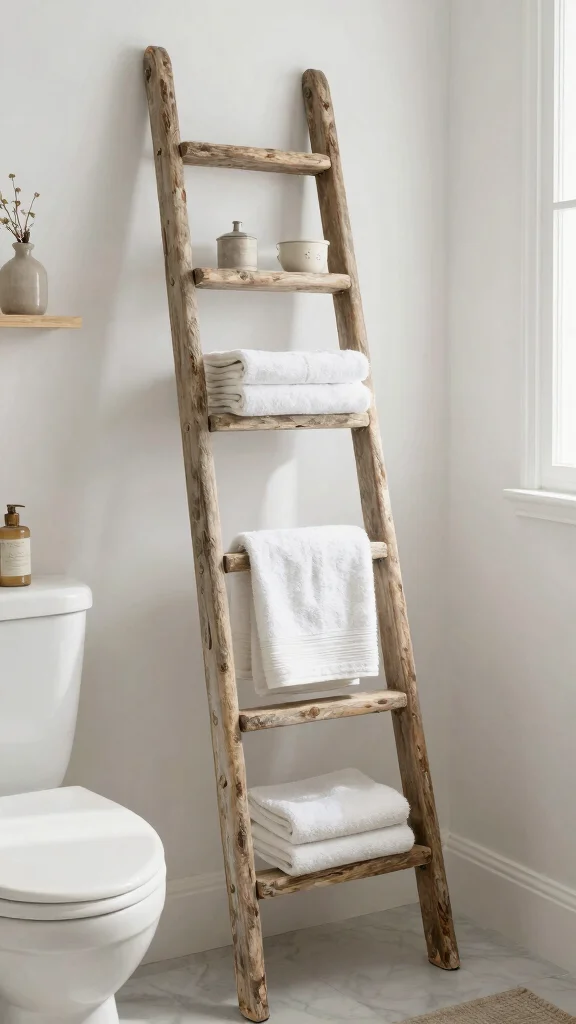 12 Above-the-Toilet Bathroom Decor Ideas for Smart Stylish Storage - 5. Vintage Ladder for a Rustic Feel 1