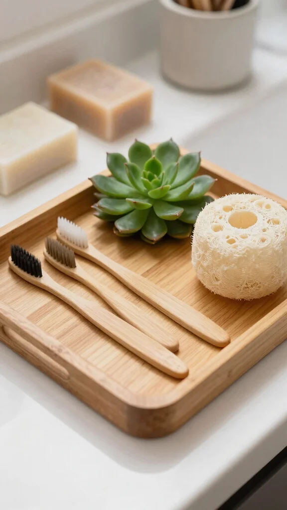 12 Bathroom Countertop Decor Ideas for a Styled Clutter-Free Surface - 1. Sustainable Wooden Trays 1