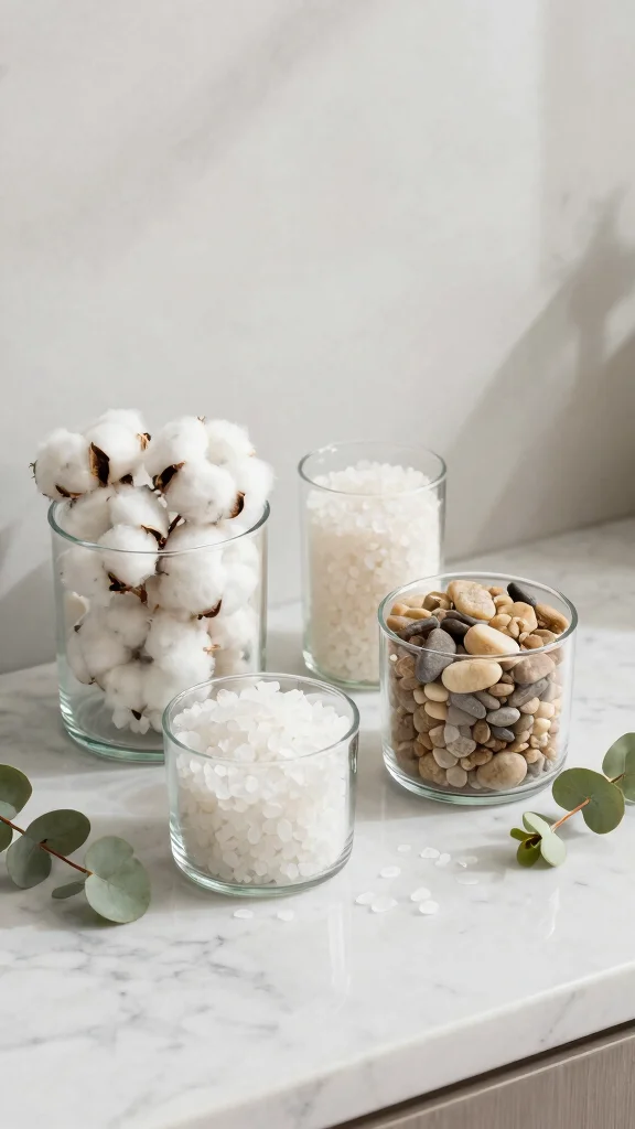 12 Bathroom Countertop Decor Ideas for a Styled Clutter-Free Surface - 2. Minimalist Glass Containers 1