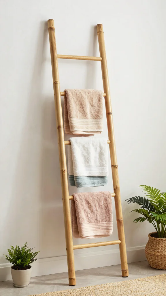 12 Bathroom Decor Accessory Ideas for Towels, Trays and More - 1. Bamboo Towel Ladder 1