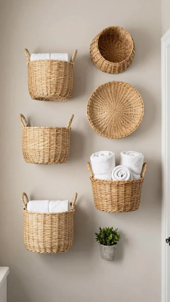 12 Bathroom Empty Wall Decor Ideas to Fill Every Blank Spot Beautifully - 11. Woven Wall Baskets 1