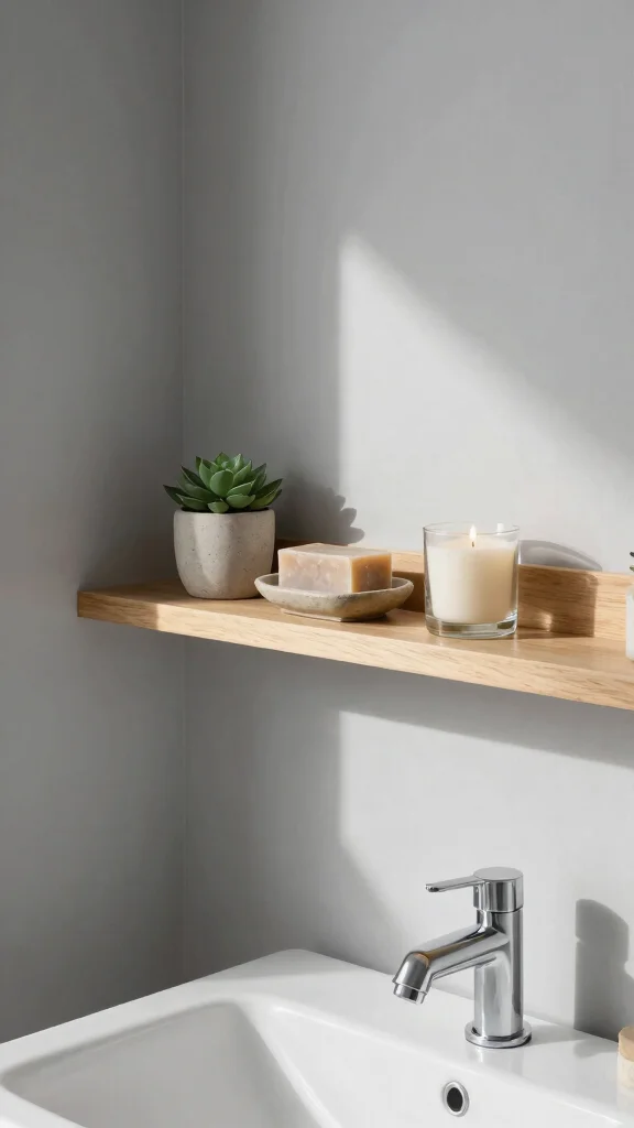 12 Bathroom Empty Wall Decor Ideas to Fill Every Blank Spot Beautifully - 2. Floating Shelves with Decor Items 1