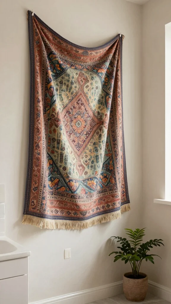 12 Bathroom Empty Wall Decor Ideas to Fill Every Blank Spot Beautifully - 8. Tapestry or Fabric Wall Hangings 1