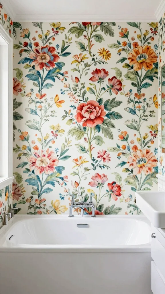 12 Bathroom Empty Wall Decor Ideas to Fill Every Blank Spot Beautifully - 9. Wallpaper Accent Wall 1