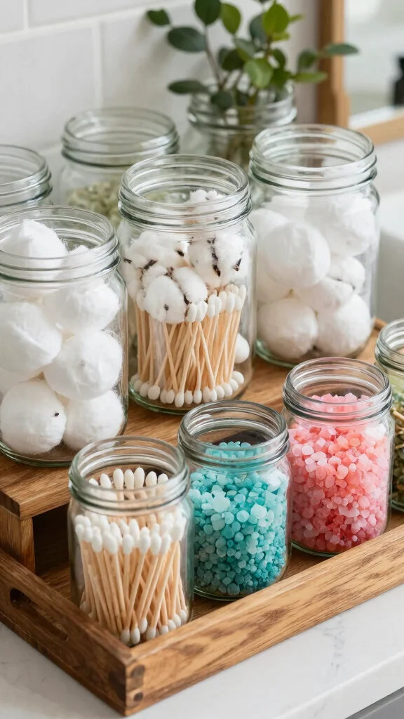 12 Bathroom Organization Decor Ideas for a Tidy Beautiful Space - 2. Recycled Glass Jars for Storage 1