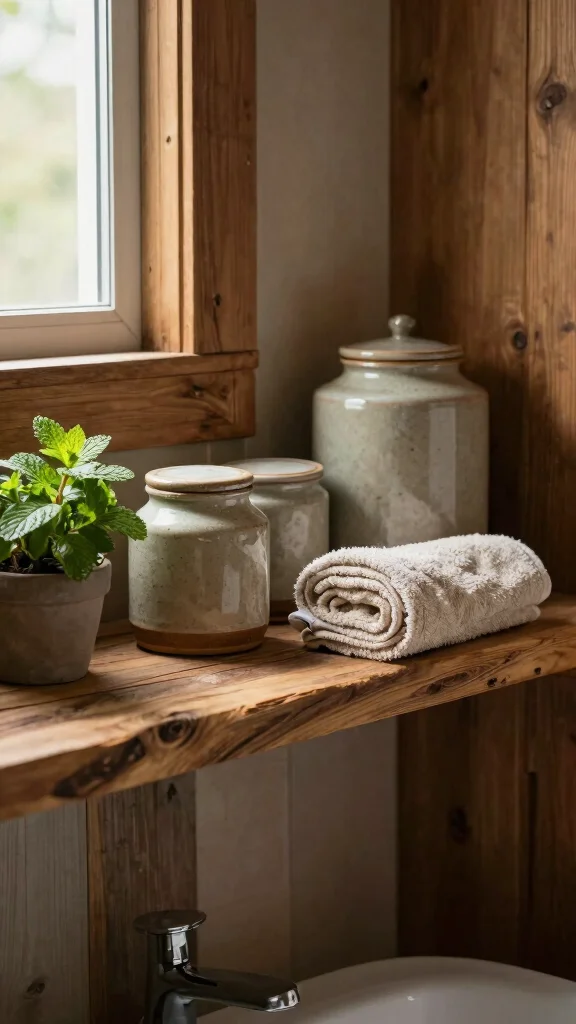 12 Bathroom Shelf Styling Ideas for Beauty, Function, and Personality - 1. Rustic Wooden Accents 1