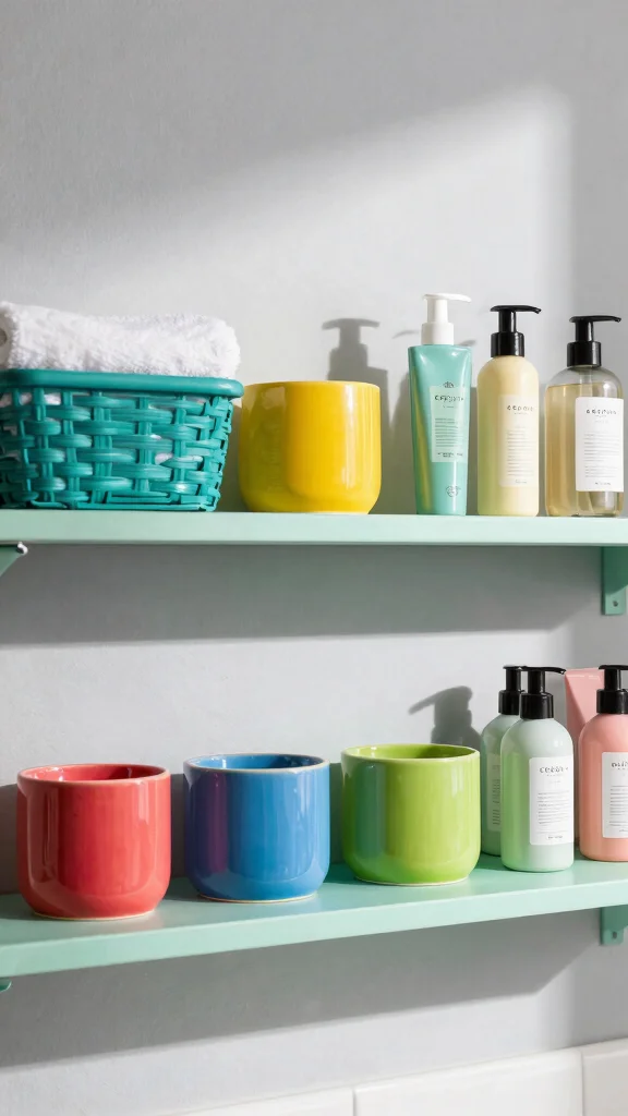 12 Bathroom Shelf Styling Ideas for Beauty, Function, and Personality - 2. Vibrant Color Pops 1