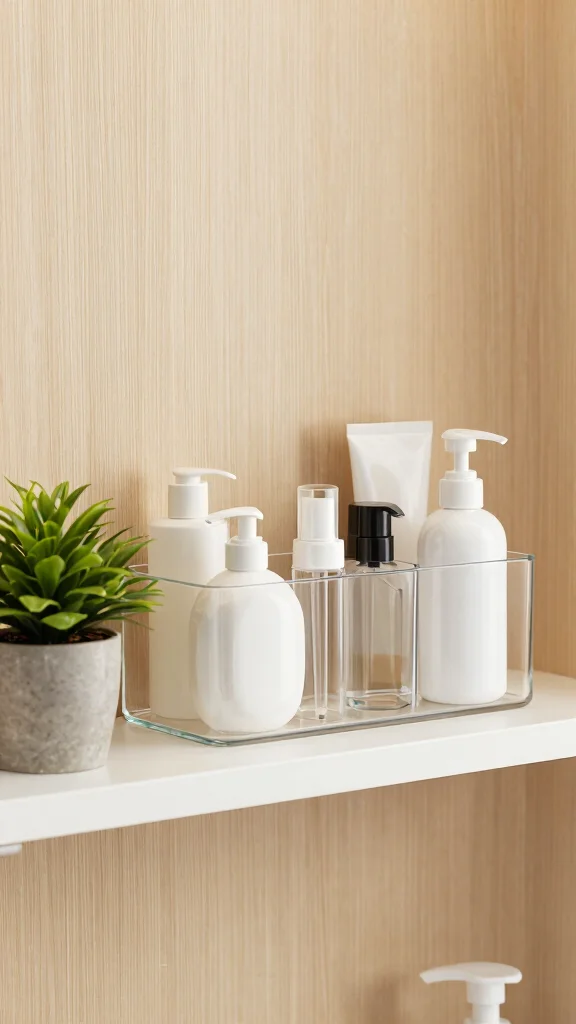 12 Bathroom Shelf Styling Ideas for Beauty, Function, and Personality - 4. Minimalist Glass Containers 1