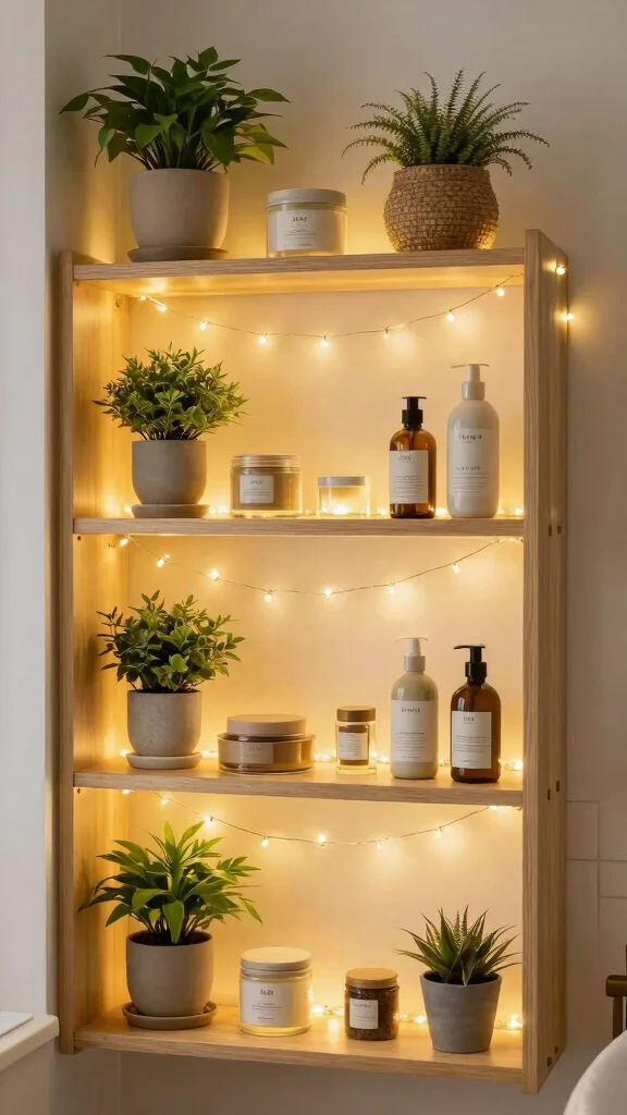12 Bathroom Shelf Styling Ideas for Beauty, Function, and Personality - 9. Layered Lighting 1