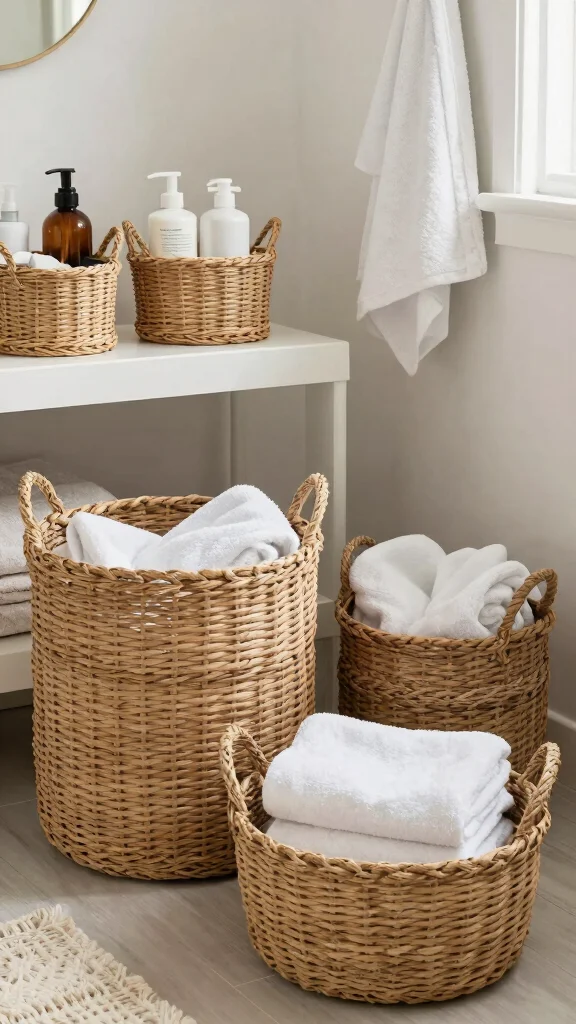 12 Bathroom Storage Decor Ideas That Are Both Functional and Stylish - 4. Woven Baskets for Textiles 1