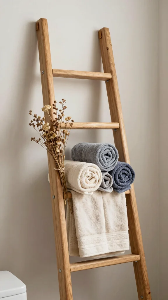 12 Bathroom Storage Decor Ideas That Are Both Functional and Stylish - 5. Decorative Ladder for Towel Storage 1
