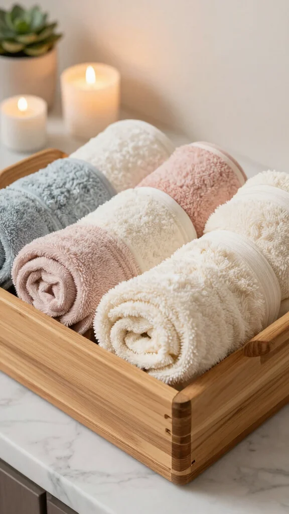 12 Bathroom Towel Decor Ideas for Display Folding and Hanging - 1. The Classic Rolled Towel Display 1