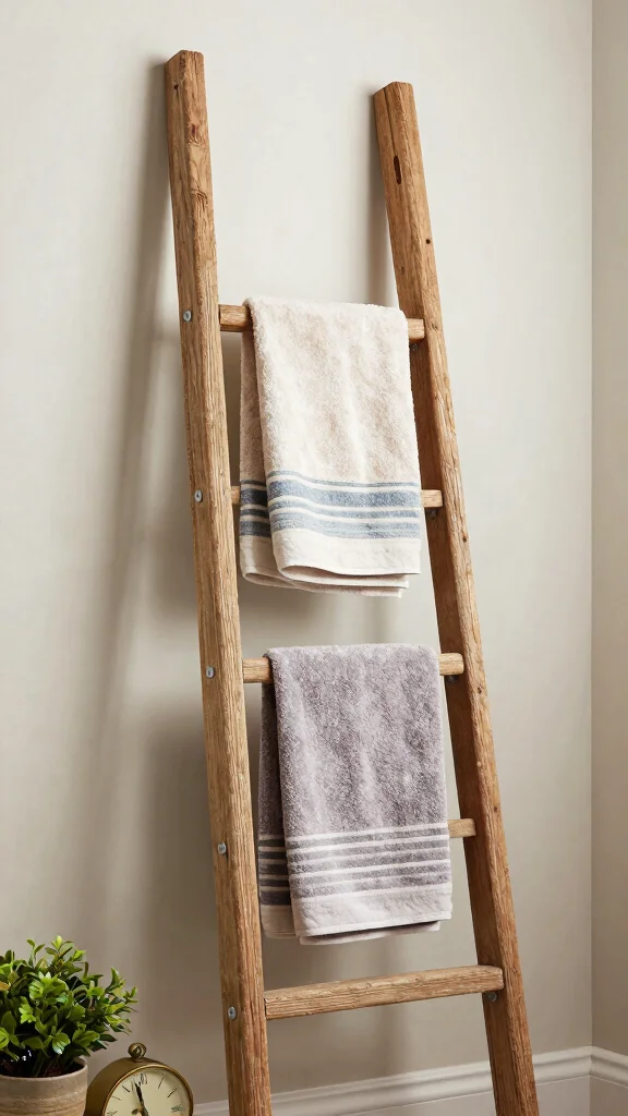12 Bathroom Towel Decor Ideas for Display Folding and Hanging - 3. Decorative Ladder for Towel Display 1