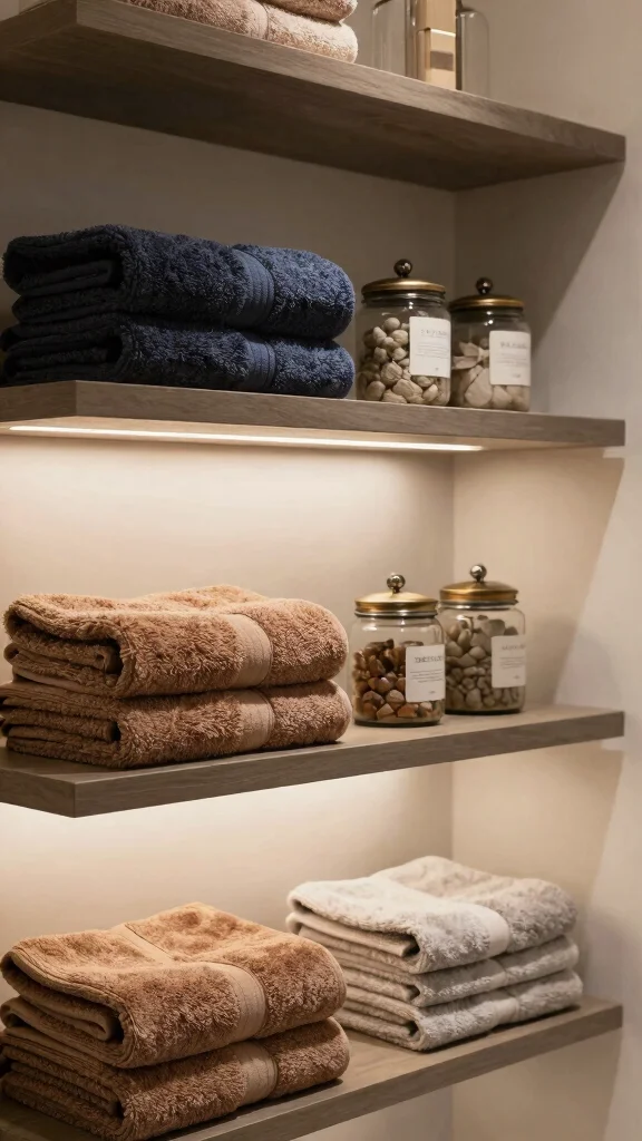 12 Bathroom Towel Decor Ideas for Display Folding and Hanging - 4. Shelf Styling with Towels 1