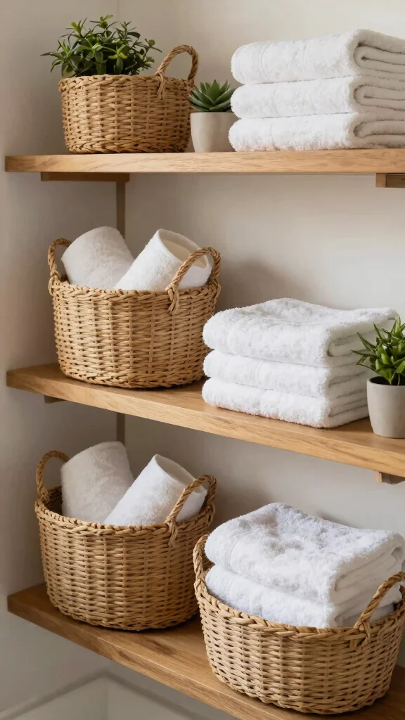 12 Bathroom Towel Decor Ideas for Display Folding and Hanging - 8. Towel Baskets for Textural Contrast 1