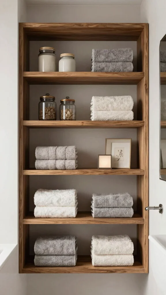 12 Bathroom Towel Decor Ideas for Display Folding and Hanging - 9. Towel Shelving with Decorative Accents 1