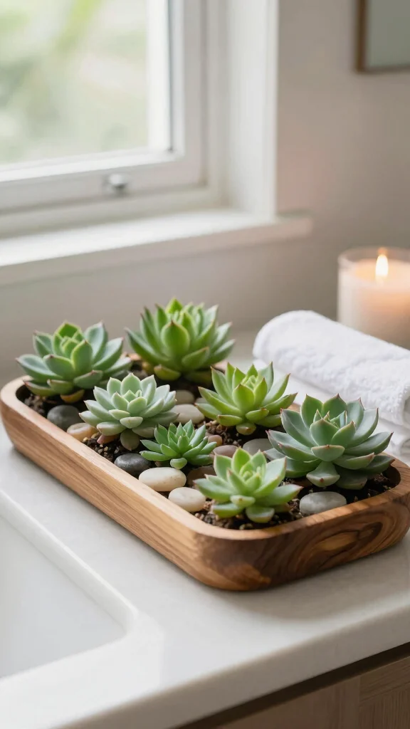 12 Bathroom Tray Decor Ideas for Countertops, Vanities, and Soaking Tubs - 1. Minimalist Zen Tray with Succulents 1