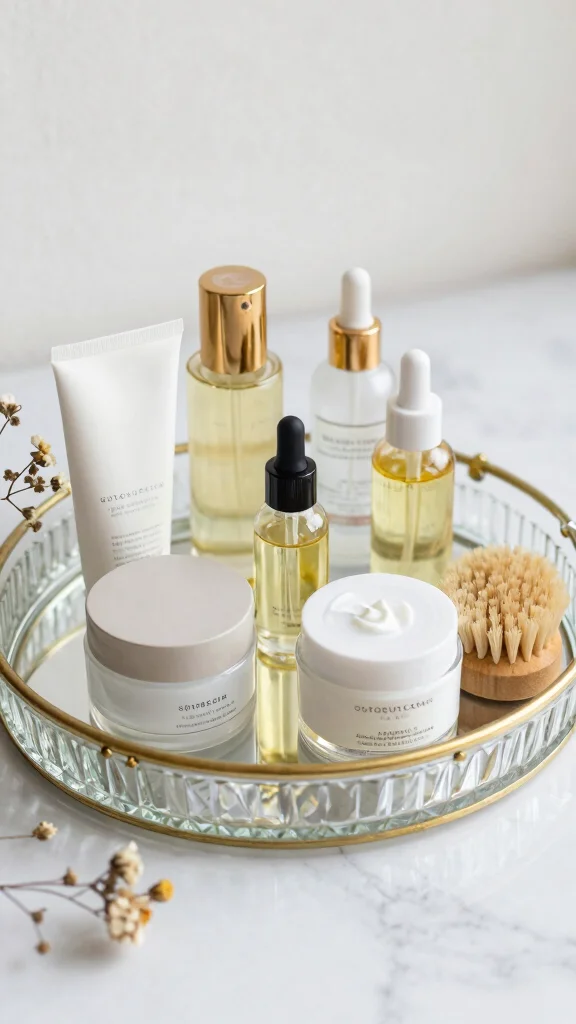 12 Bathroom Tray Decor Ideas for Countertops, Vanities, and Soaking Tubs - 2. Vintage Glass Tray with Natural Skin Care Products 1