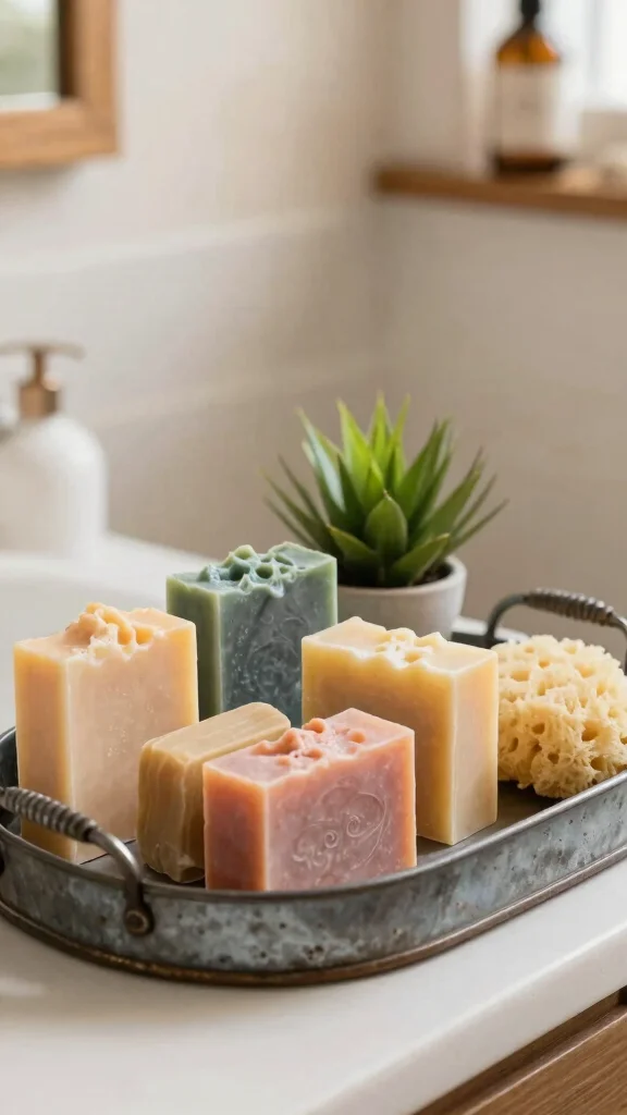 12 Bathroom Tray Decor Ideas for Countertops, Vanities, and Soaking Tubs - 3. Rustic Metal Tray with Handmade Soaps 1