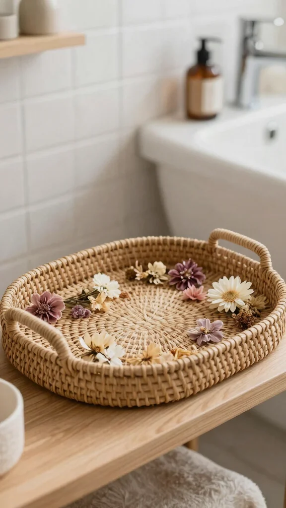 12 Bathroom Tray Decor Ideas for Countertops, Vanities, and Soaking Tubs - 5. Bohemian Woven Tray with Dried Flowers 1