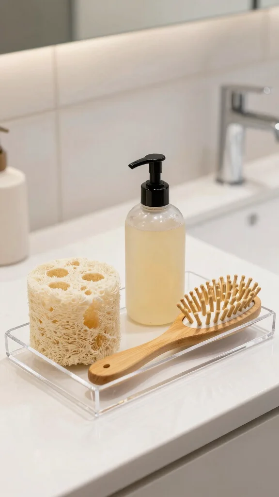 12 Bathroom Tray Decor Ideas for Countertops, Vanities, and Soaking Tubs - 7. Chic Acrylic Tray with Bathing Essentials 1