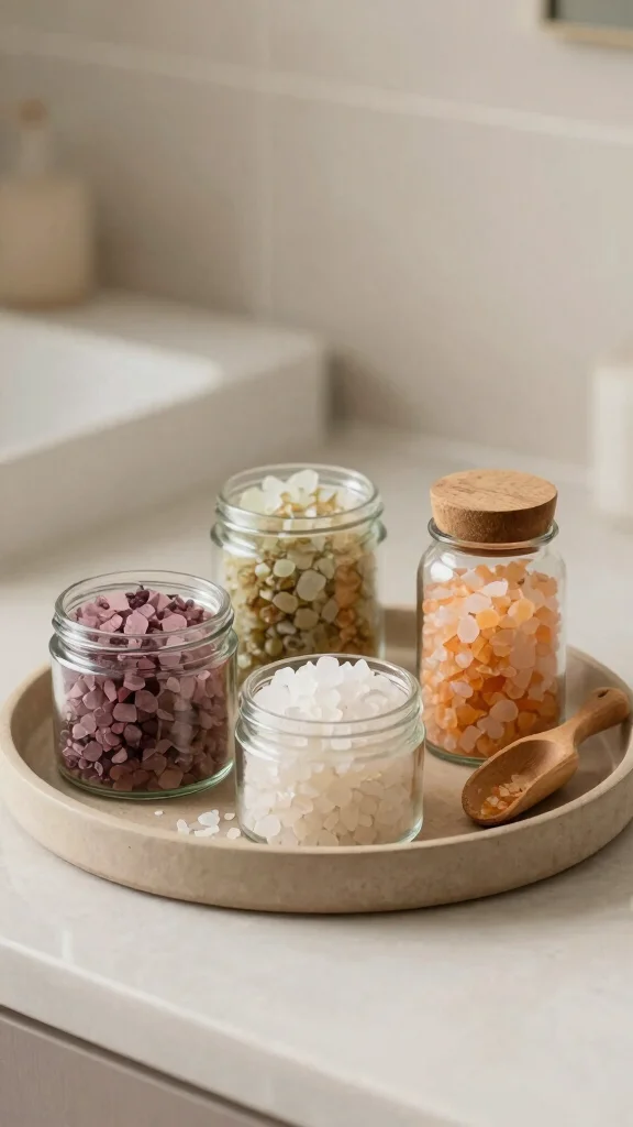 12 Bathroom Tray Decor Ideas for Countertops, Vanities, and Soaking Tubs - 9. Round Tray with Aromatic Bath Salts 1