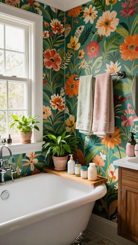 12 Bathroom Wallpaper Decor Ideas for a Dramatic Patterned Transform - 1. Bold Floral Elegance 1
