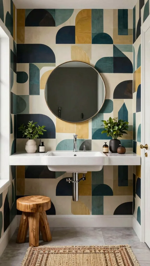 12 Bathroom Wallpaper Decor Ideas for a Dramatic Patterned Transform - 2. Geometric Glamour 1