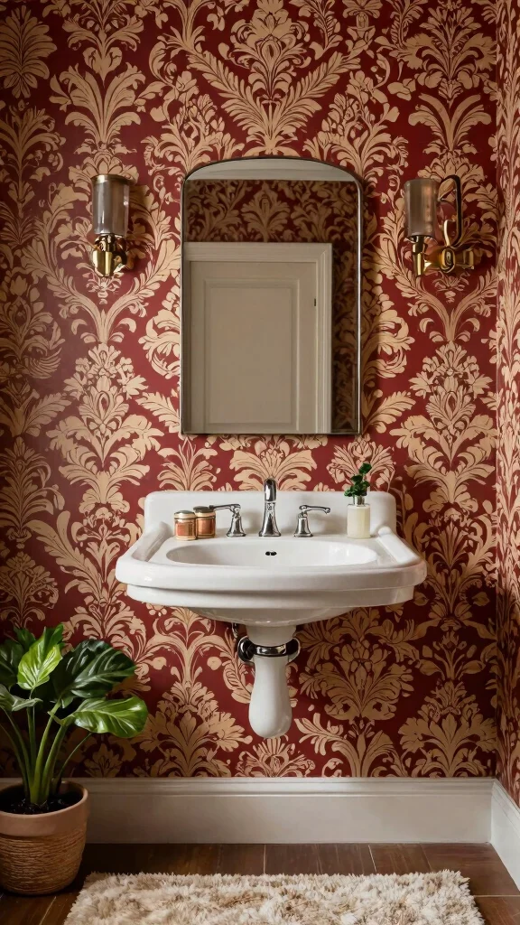 12 Bathroom Wallpaper Decor Ideas for a Dramatic Patterned Transform - 4. Damask Delight 1