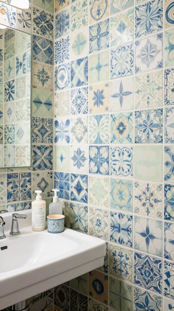 12 Bathroom Wallpaper Decor Ideas for a Dramatic Patterned Transform - 7. Retro Tile Patterns 1