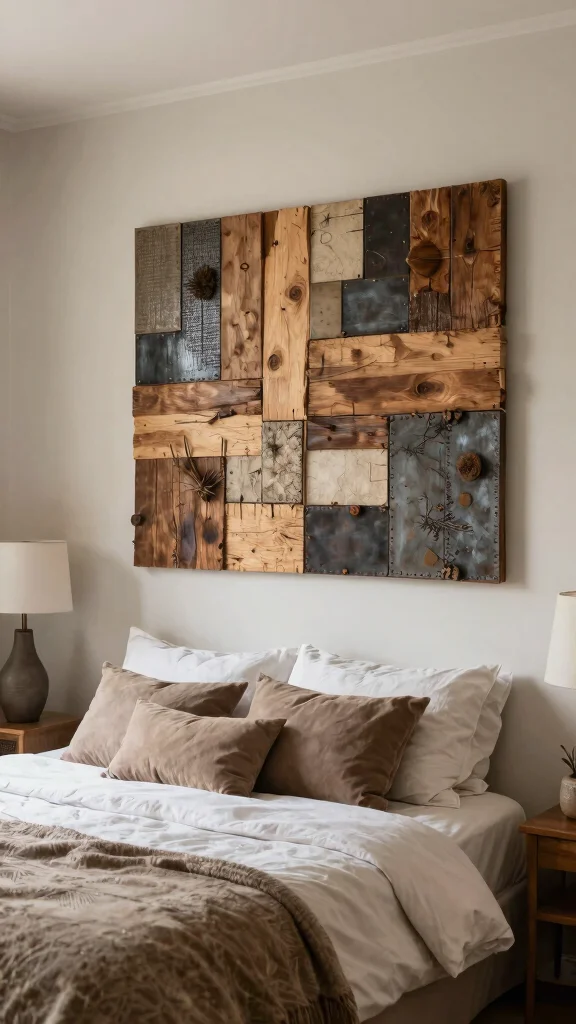 12 Bedroom Accent Wall Ideas for Color, Texture, and Drama - 12. Upcycled Material Wall Art 1