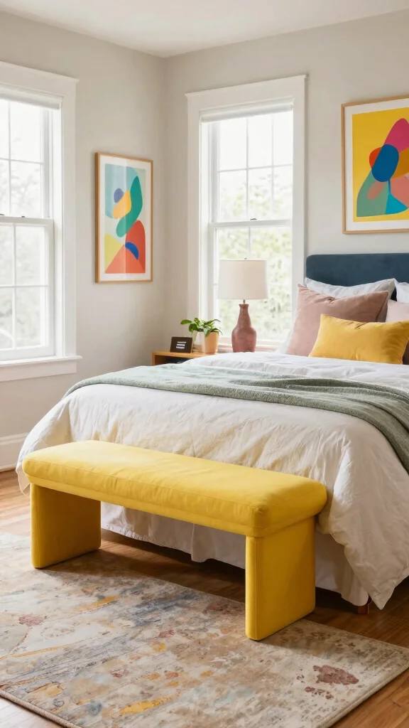 12 Bedroom Bench Ideas for the Foot of the Bed and Window Seats - 9. Color Pop 1