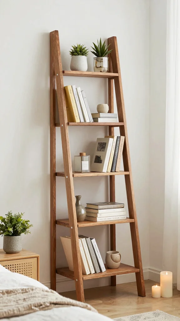 12 Bedroom Bookshelf Concepts for a Reading-Friendly Curated Display - 11. Decorative Ladder Bookshelves for a Touch of Charm 1