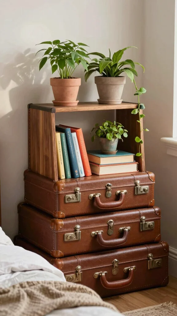 12 Bedroom Bookshelf Concepts for a Reading-Friendly Curated Display - 9. Unique Book Display with Vintage Suitcases 1