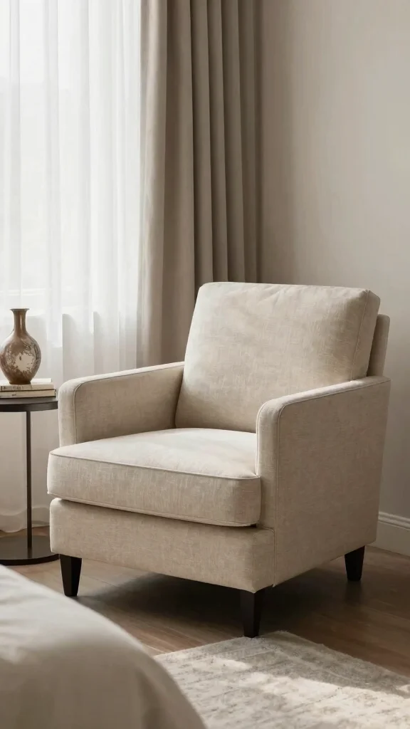 12 Bedroom Chair Ideas for a Reading Nook, Vanity, or Accent Seat - 12. Upholstered Armchair with Natural Fabrics 1